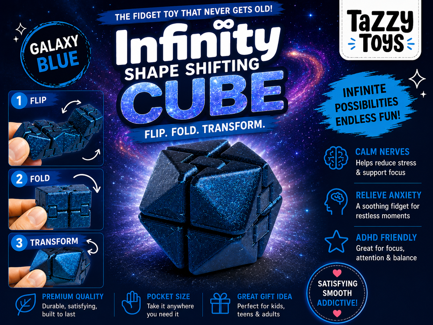 3D printed shapeshifting infinity cube fidget toy in glittery deep blue